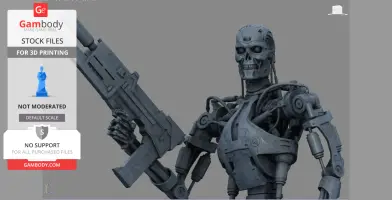 A skeletal robot with a realistic design holding a large futuristic gun.