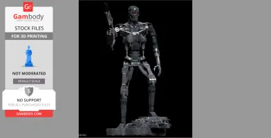 A 3D model of a T-800 endoskeleton holding a weapon, standing on a detailed base.