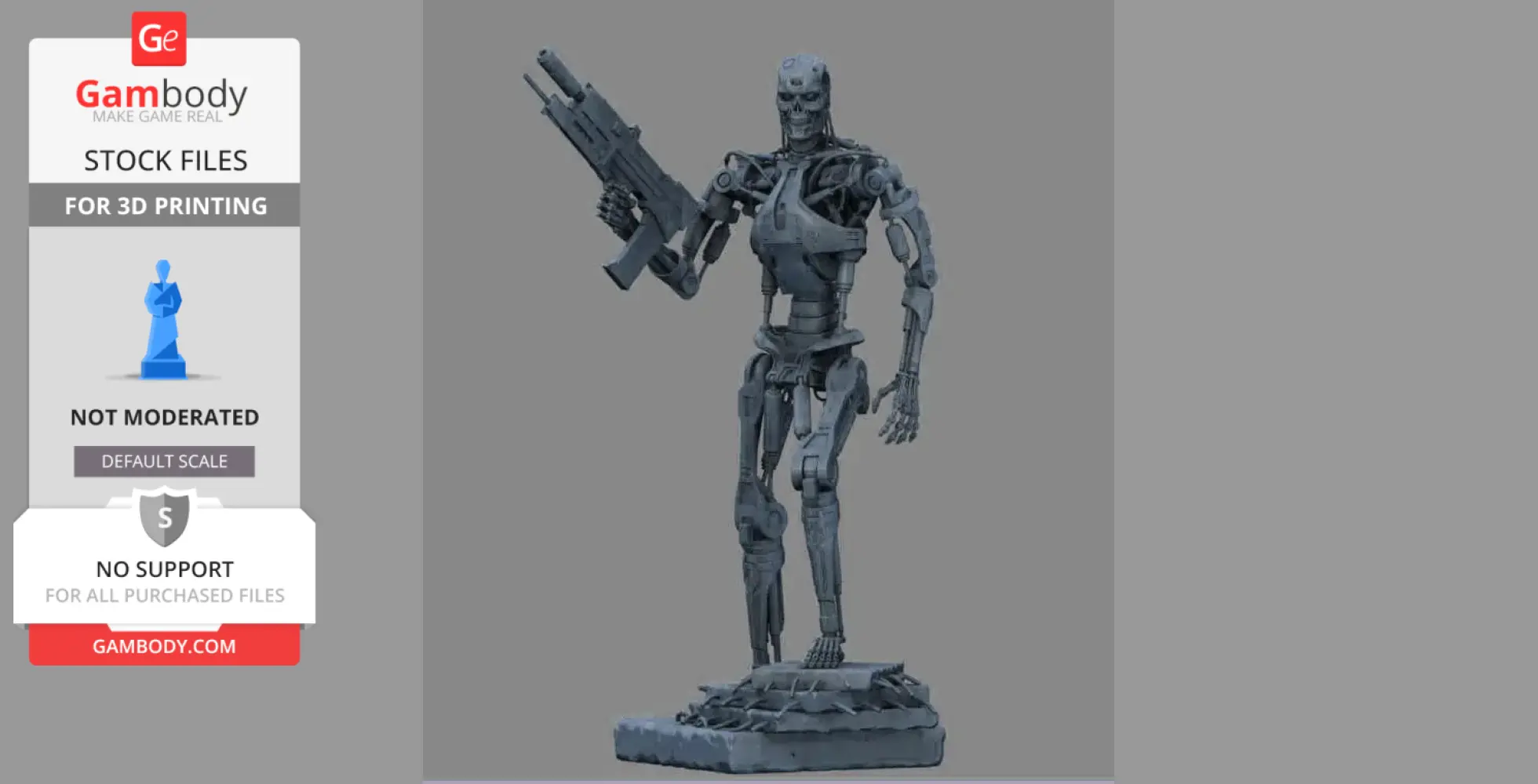 A detailed 3D model of a T-800 endoskeleton holding a large weapon, standing on a textured base.