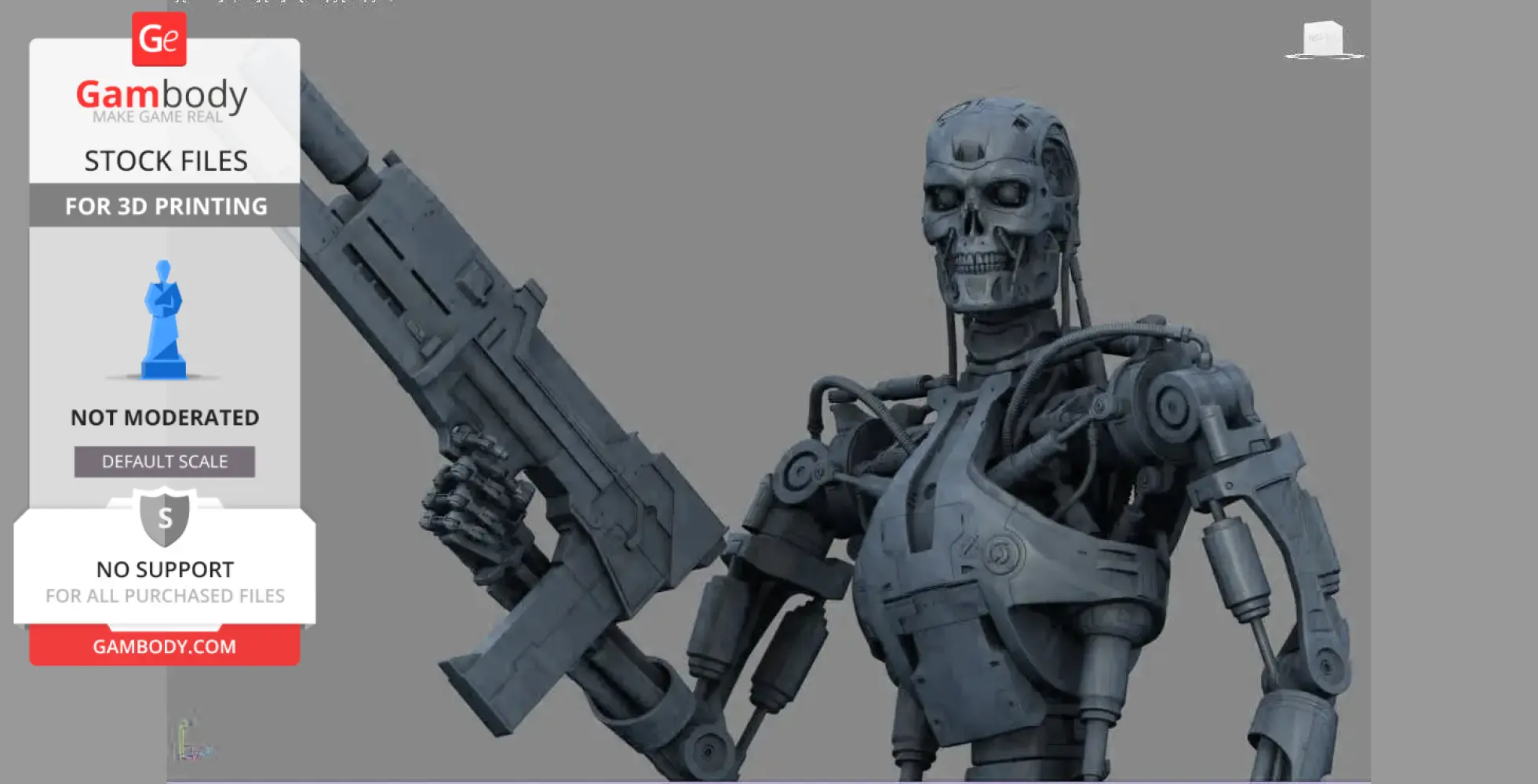 A skeletal robot with a realistic design holding a large futuristic gun.