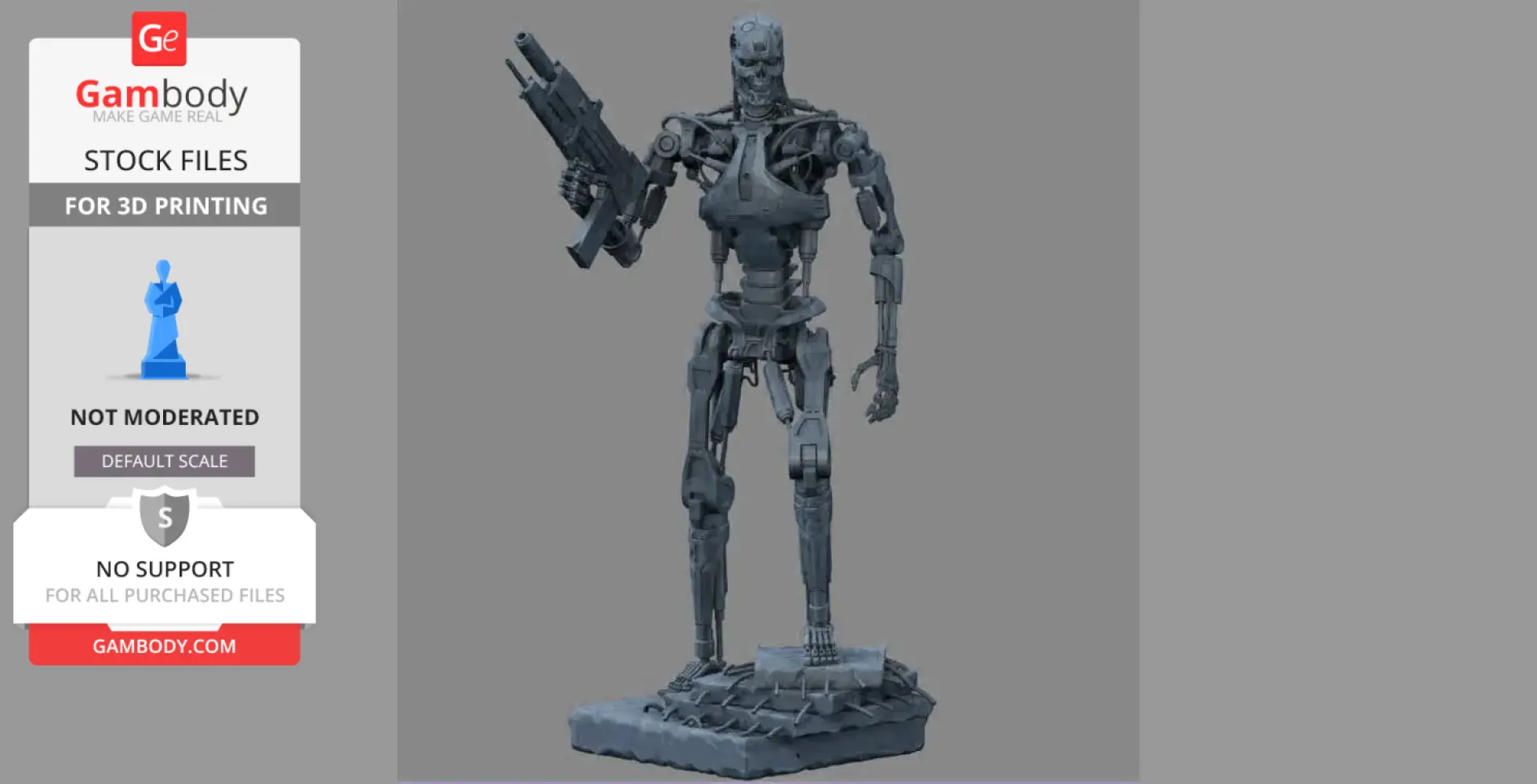 Robotic skeleton holding a gun, standing on a detailed base, designed for 3D printing.