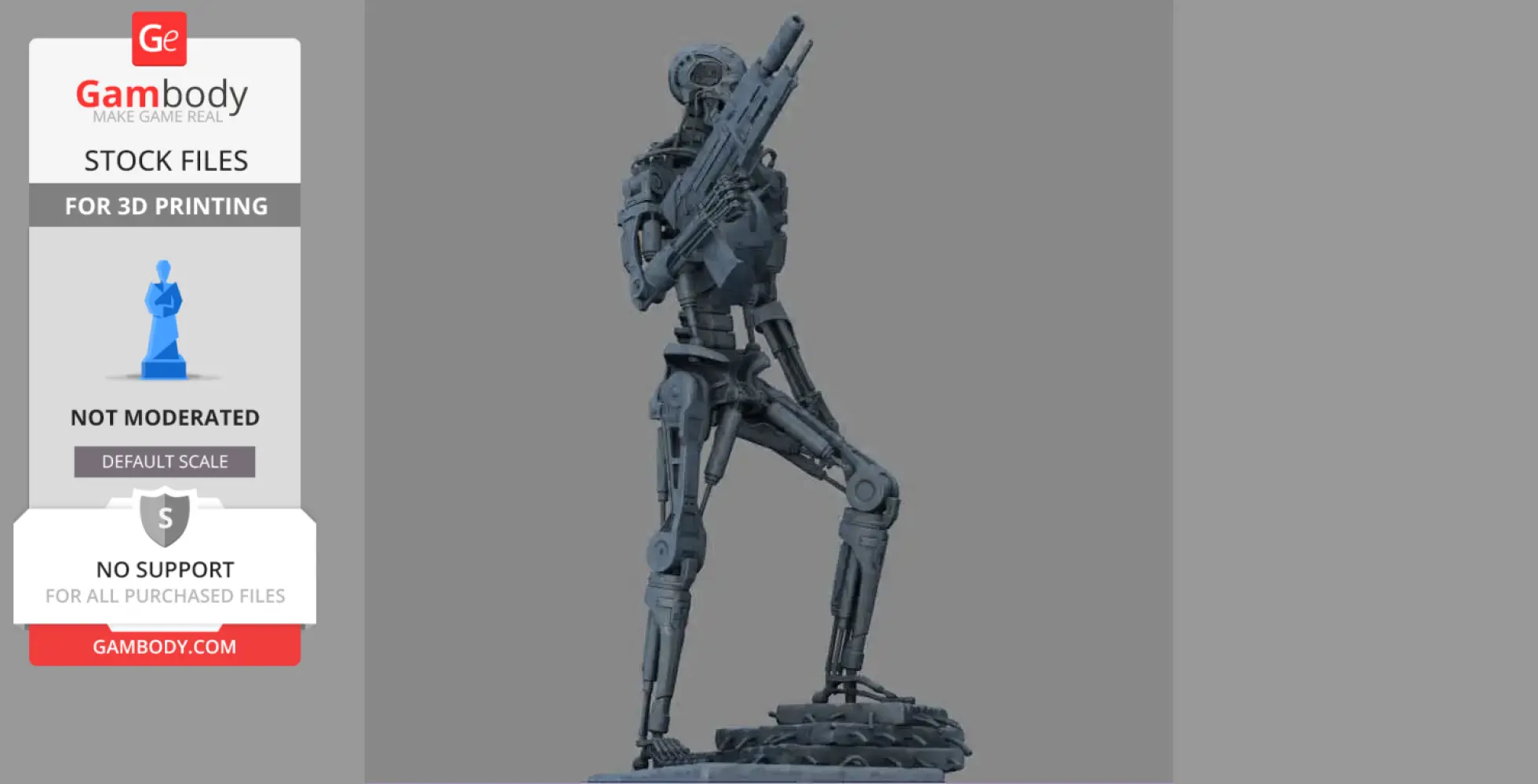 A detailed 3D model of a T-800 endoskeleton from Terminator, holding a gun, standing on a base.