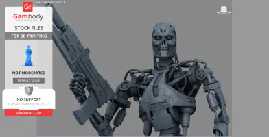 A detailed 3D model of a humanoid robot with exposed mechanical parts holding a large gun.