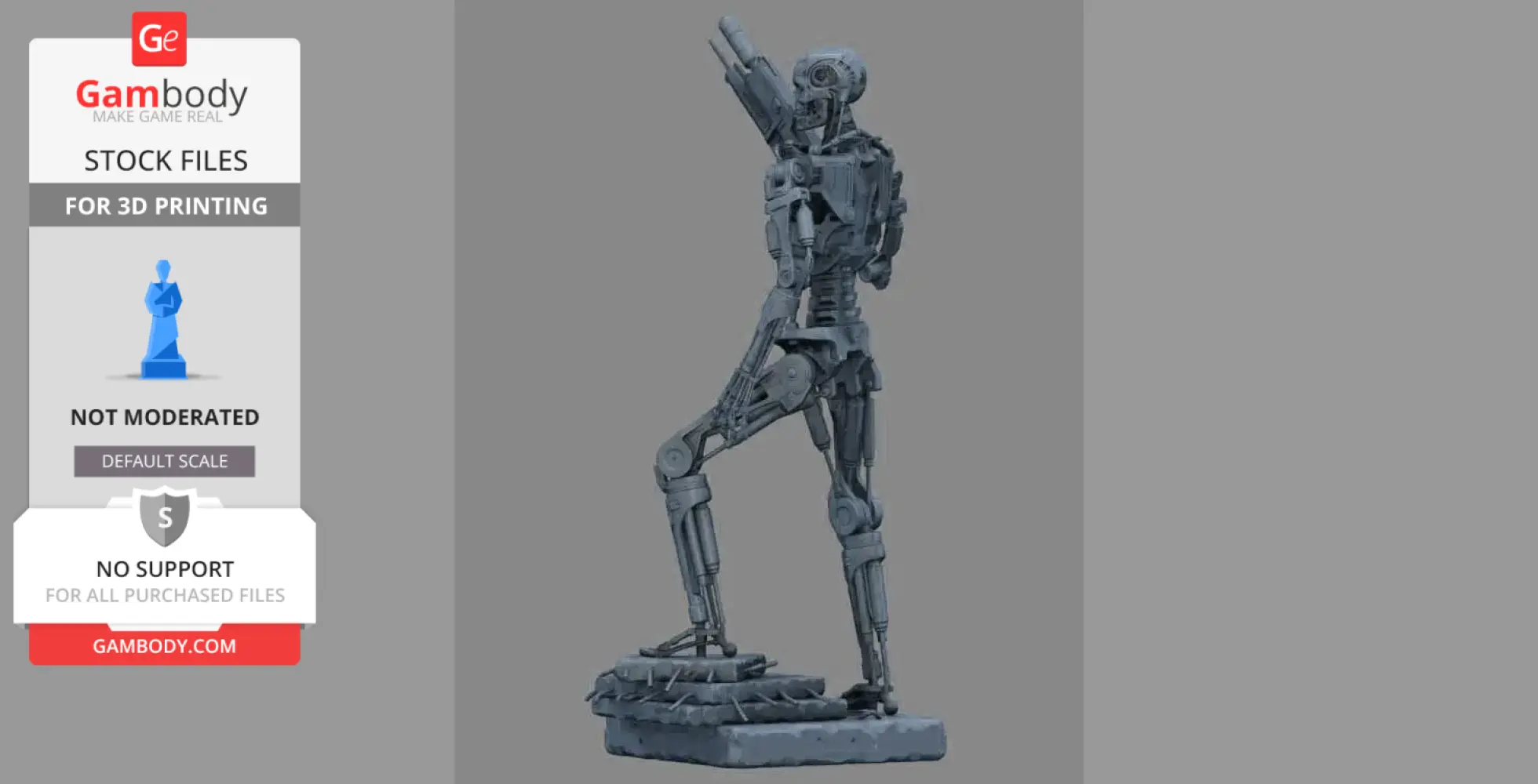 A detailed 3D model of a T-800 endoskeleton from Terminator with one leg stepping on a base.