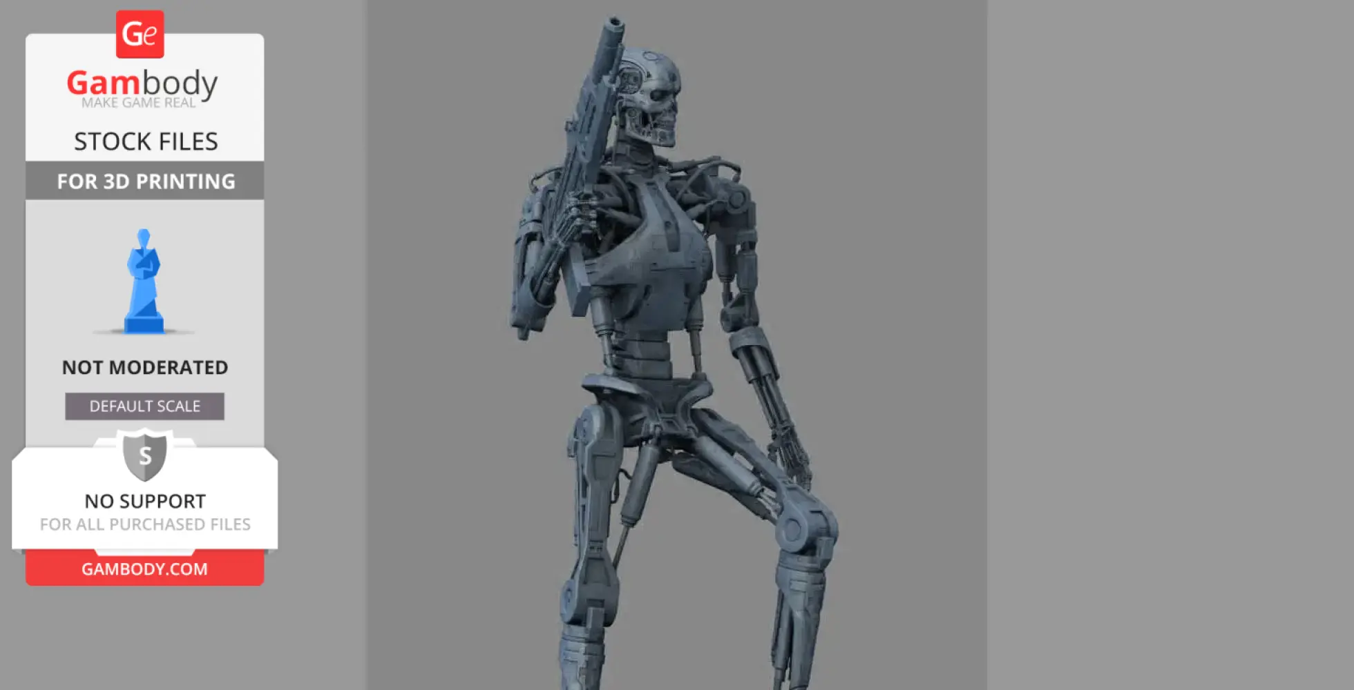 A detailed T-800 endoskeleton 3D model holding a gun, designed for 3D printing.
