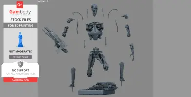 Terminator T-800 endoskeleton model parts for 3D printing, including limbs, torso, head, and weapons.