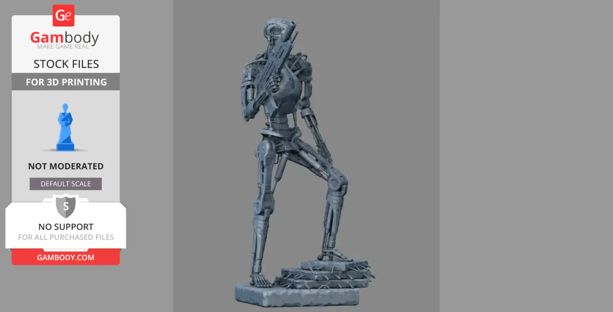 A detailed 3D model of a robotic endoskeleton holding a gun, standing on layered terrain.