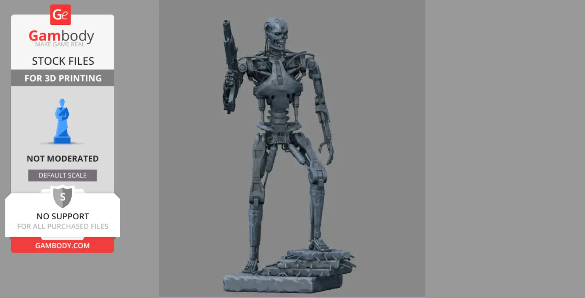 Detailed 3D model of a T-800 Endoskeleton from Terminator, holding a weapon and standing on a base.