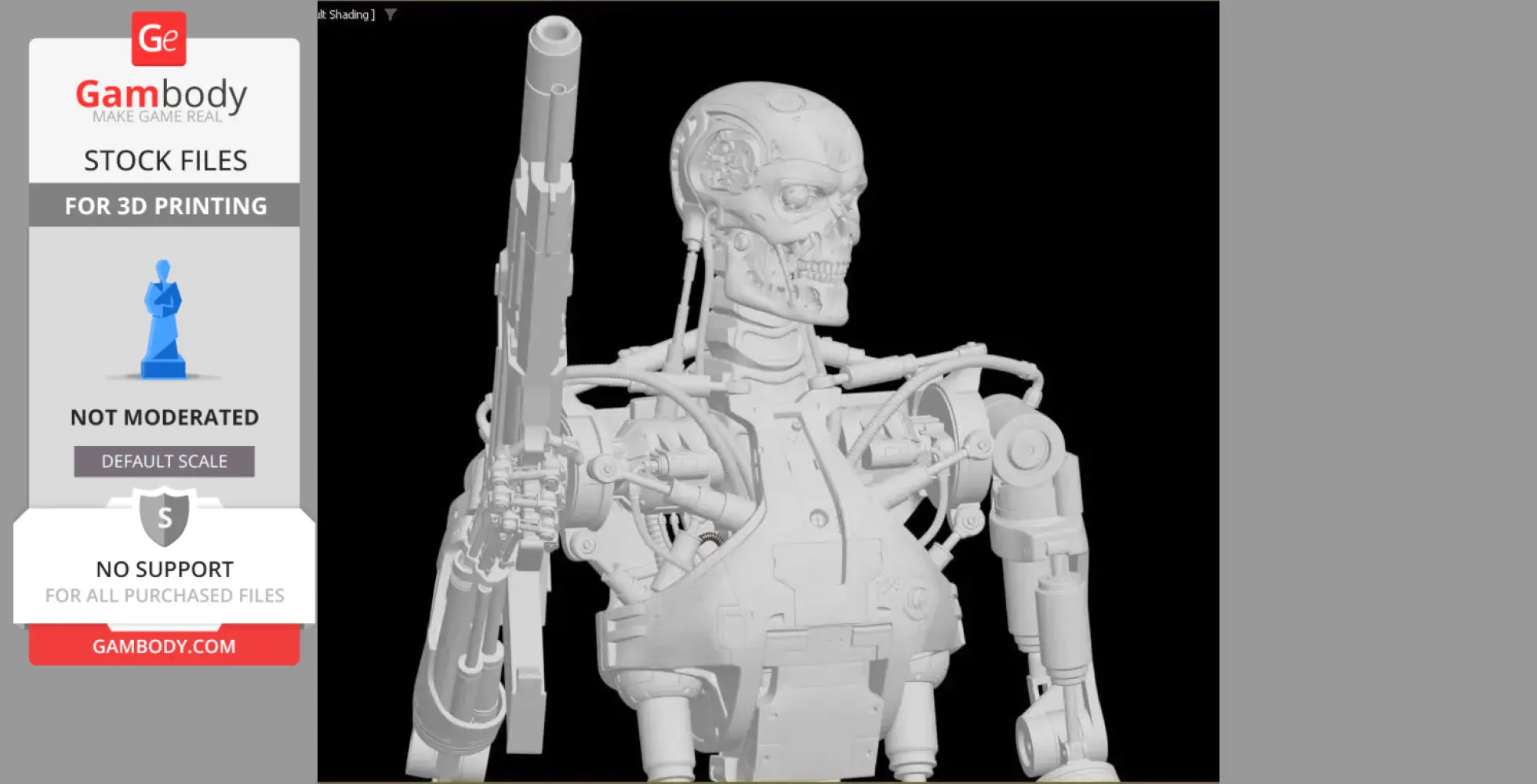 A 3D model of a robotic endoskeleton holding a weapon, designed for 3D printing.