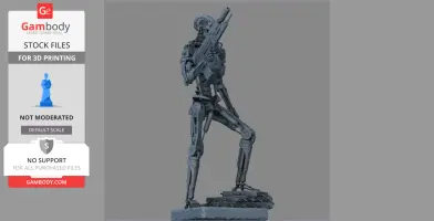 A T-800 endoskeleton model posed with a futuristic rifle for 3D printing.