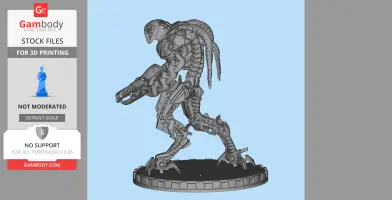A detailed alien warrior figurine in a dynamic pose on a round base, designed for 3D printing.