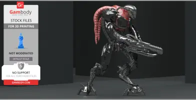 Futuristic alien robot with armor and a large weapon, prepared for 3D printing.
