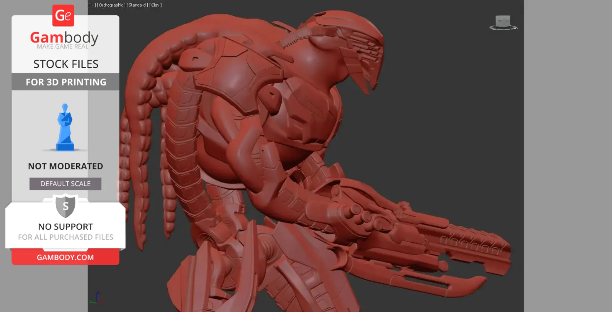 A detailed alien warrior figure with armor and a weapon, designed for 3D printing.