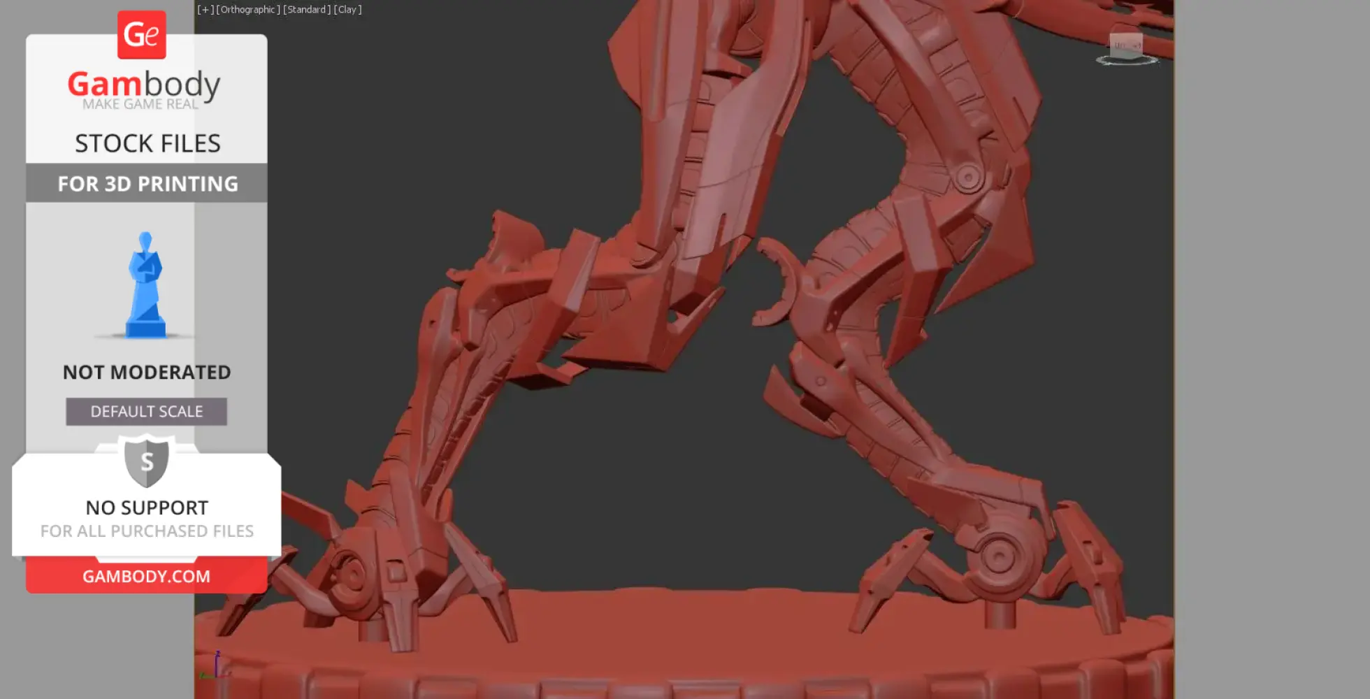 A 3D model of robotic legs with intricate mechanical details on a platform.