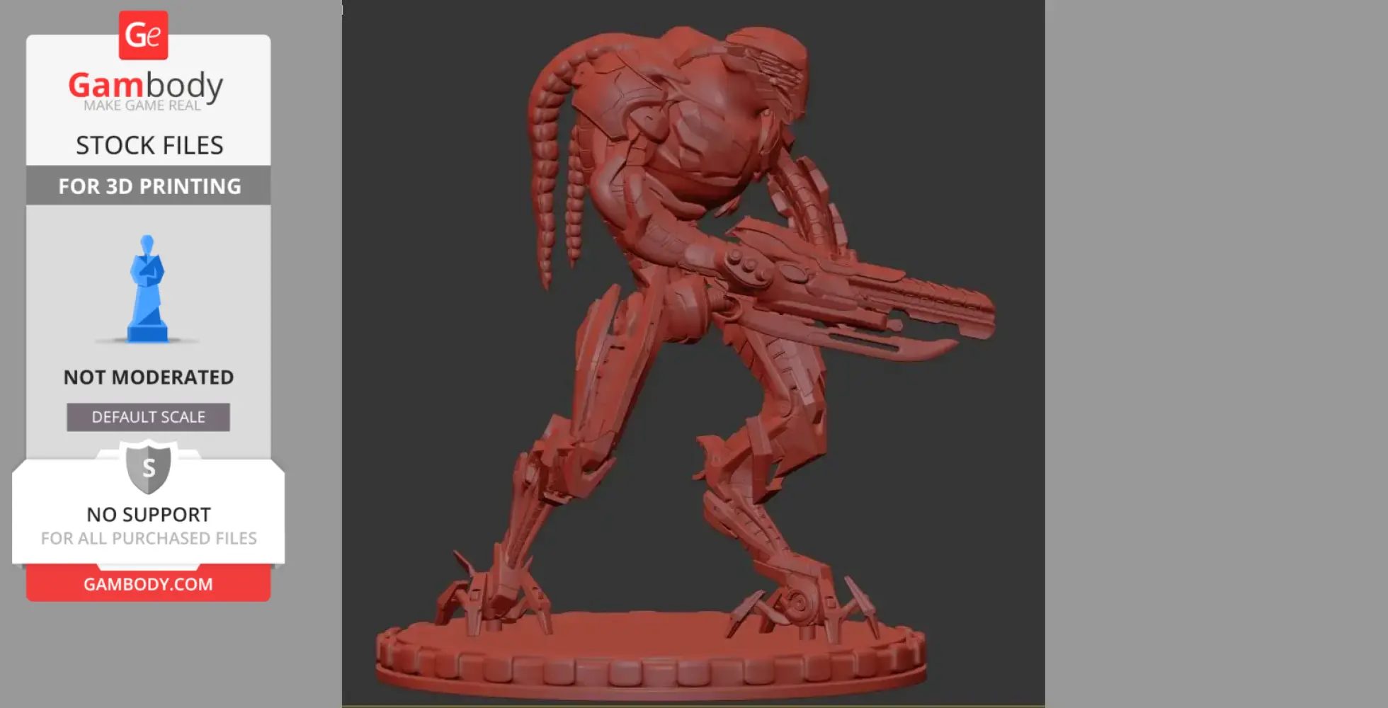 A detailed 3D model of an alien creature with armor and a weapon, posed on a circular base.