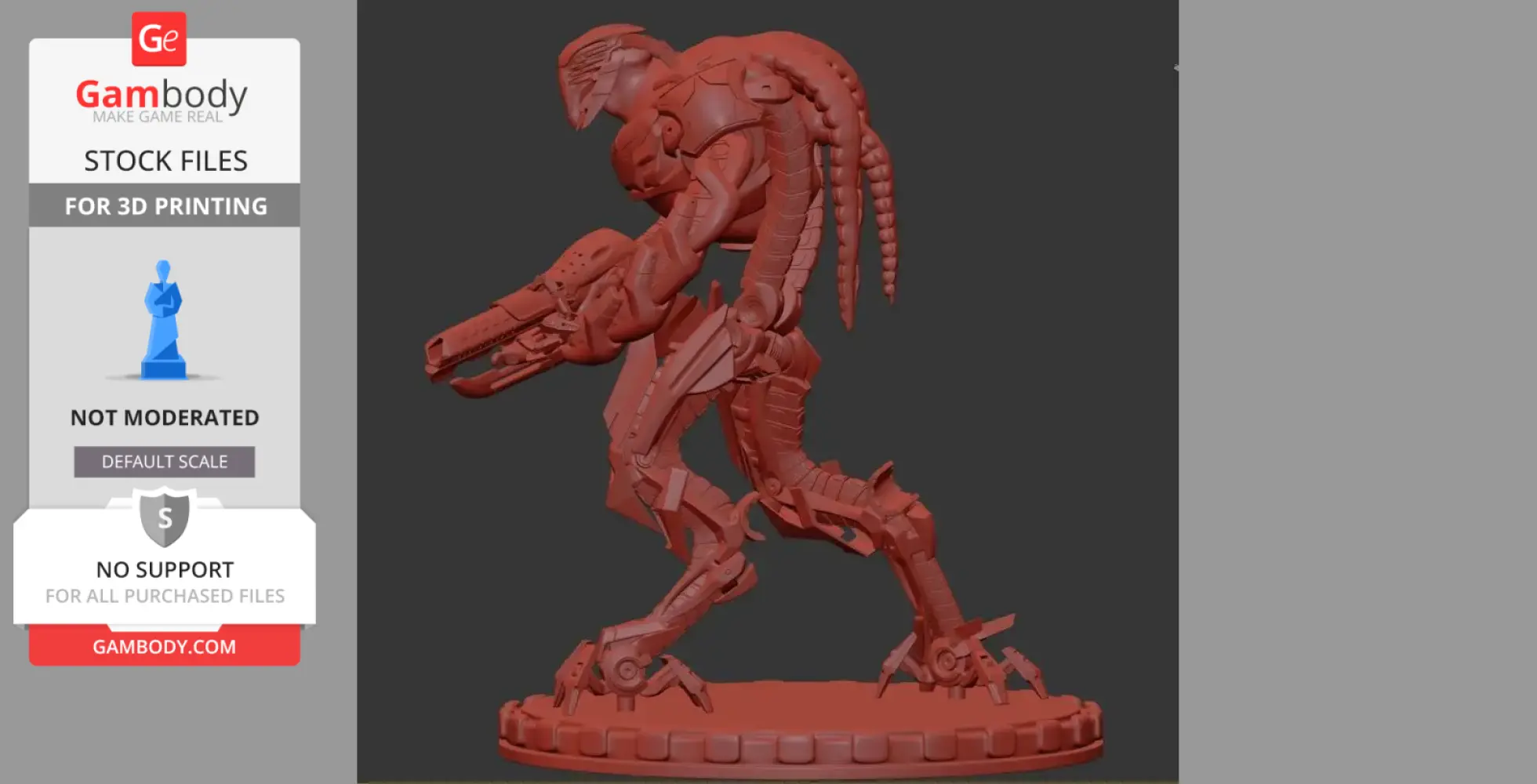 Futuristic alien creature with armor and a weapon, designed for 3D printing, on a round base.