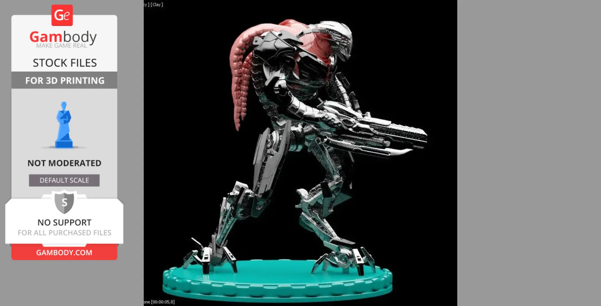 A detailed sci-fi alien figure with armor and weaponry, posed dynamically on a round base.
