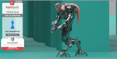 A futuristic armored alien creature posed in a walking stance, with a sleek, metallic body and a pink-hued spinal structure.