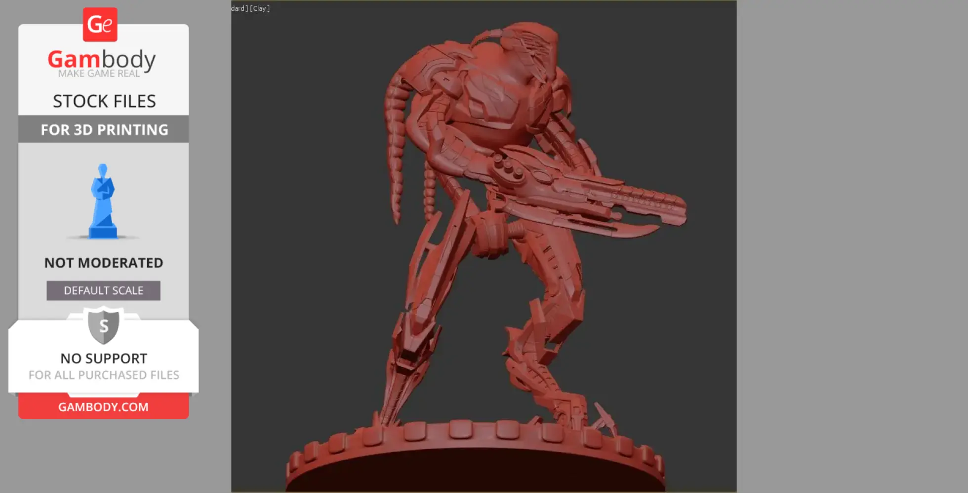 A detailed alien warrior figure holding a large weapon, designed for 3D printing.