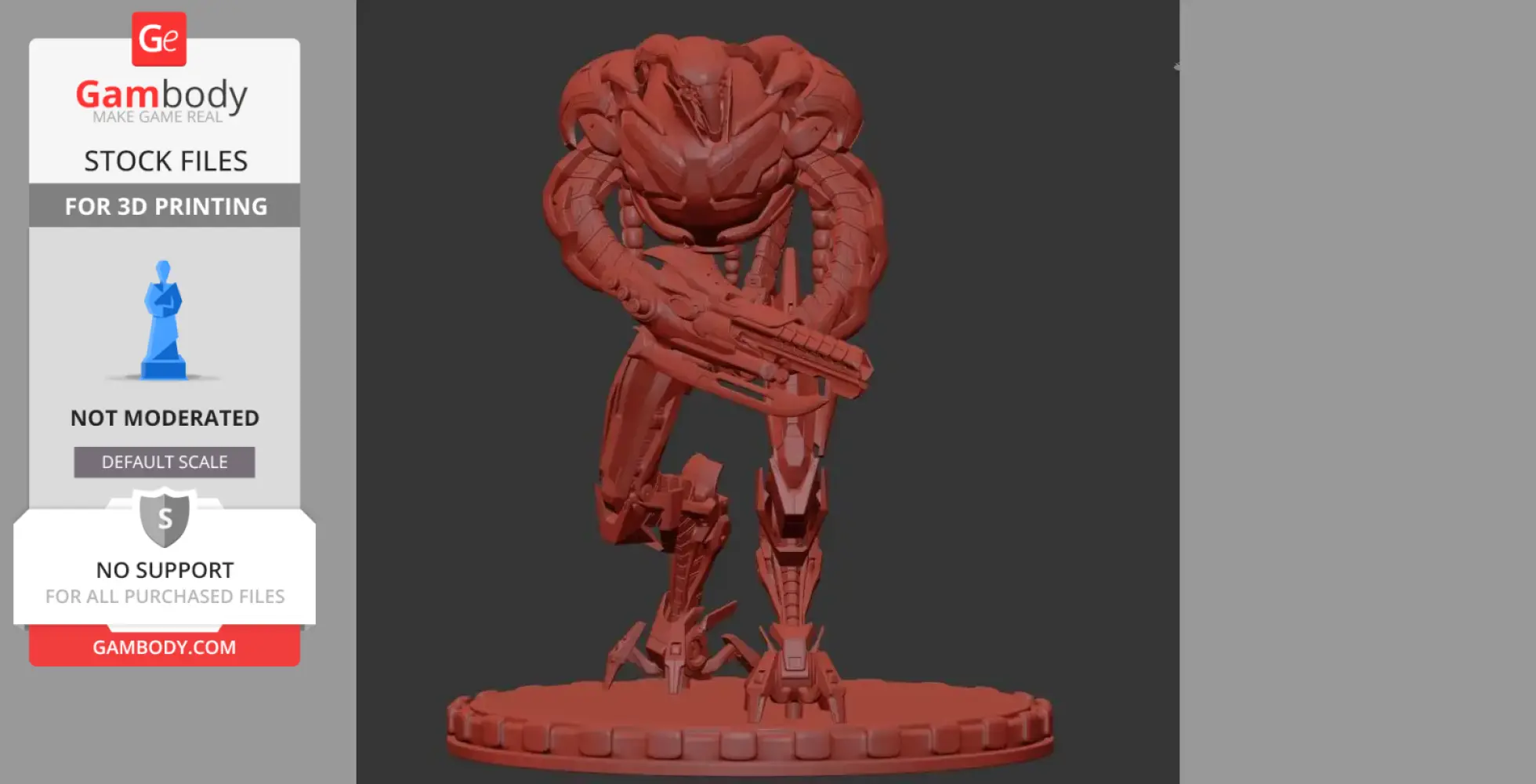 Futuristic armored alien creature holding a weapon, in a dynamic pose on a textured base.