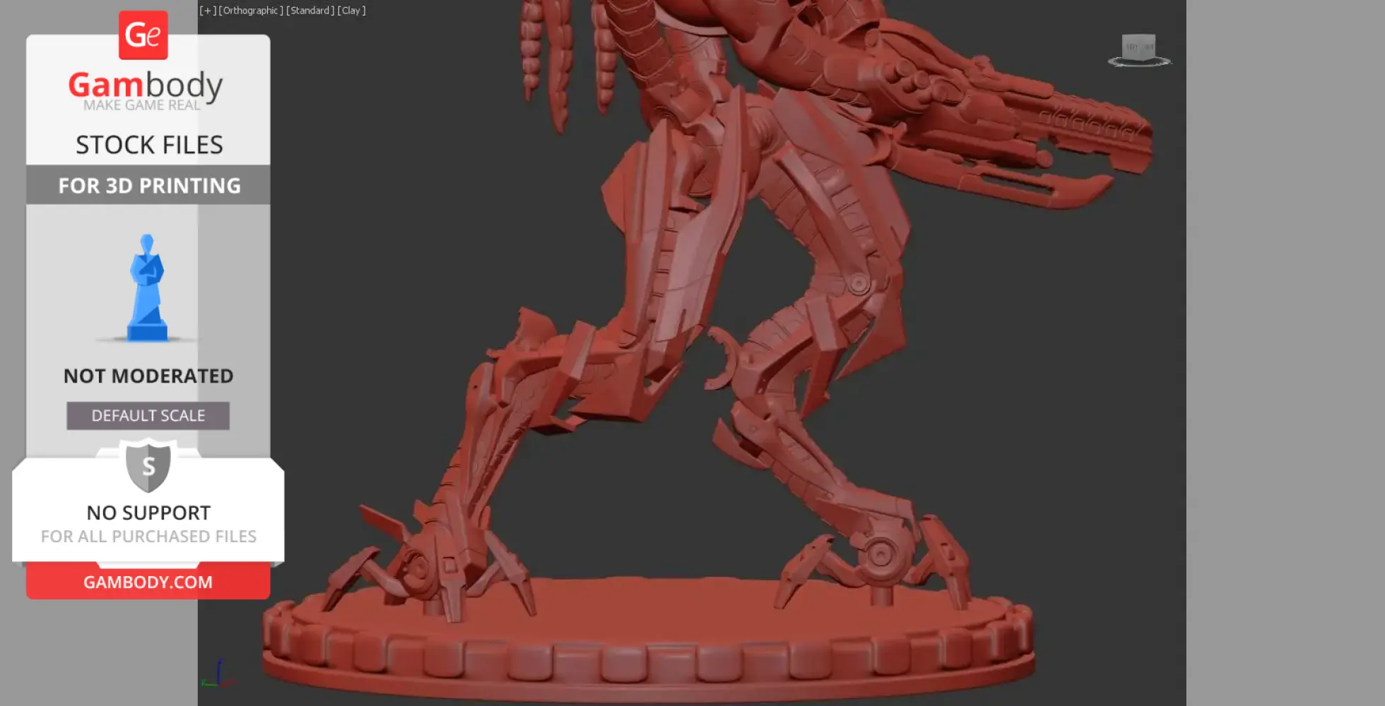 Red robotic alien figure on a round base, designed for 3D printing.