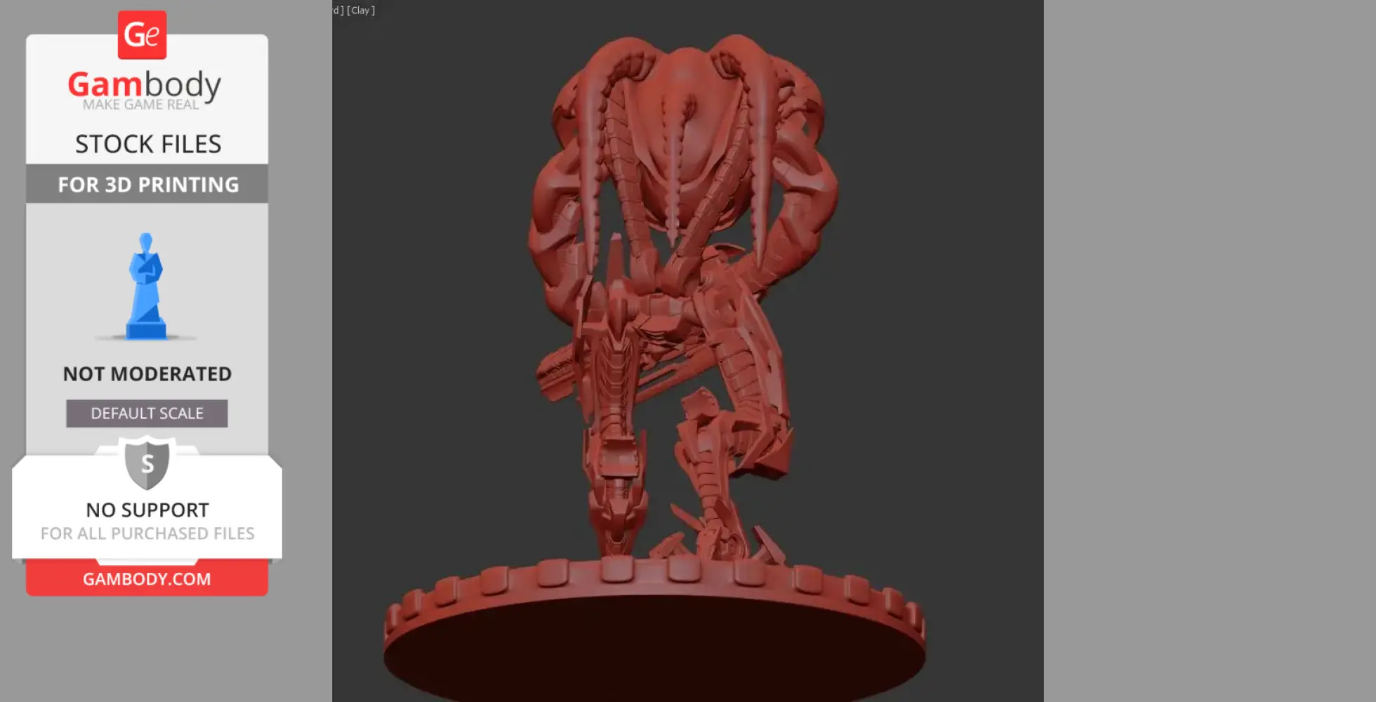 Alien creature model with intricate armor and tentacle-like appendages, on a round base for 3D printing.