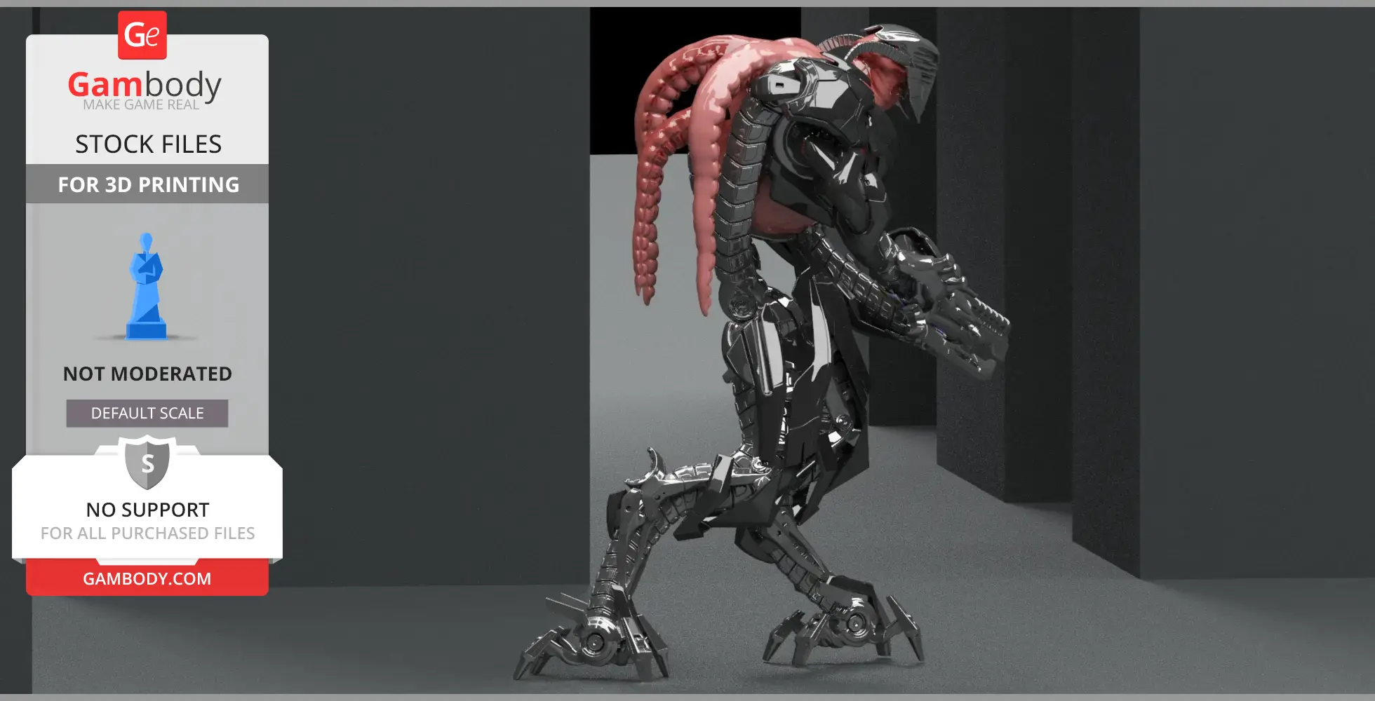 A robotic creature with red tendrils and mechanical armor, depicted mid-stride.