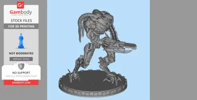 A detailed alien creature with mechanical elements, holding a weapon, standing on a circular base.