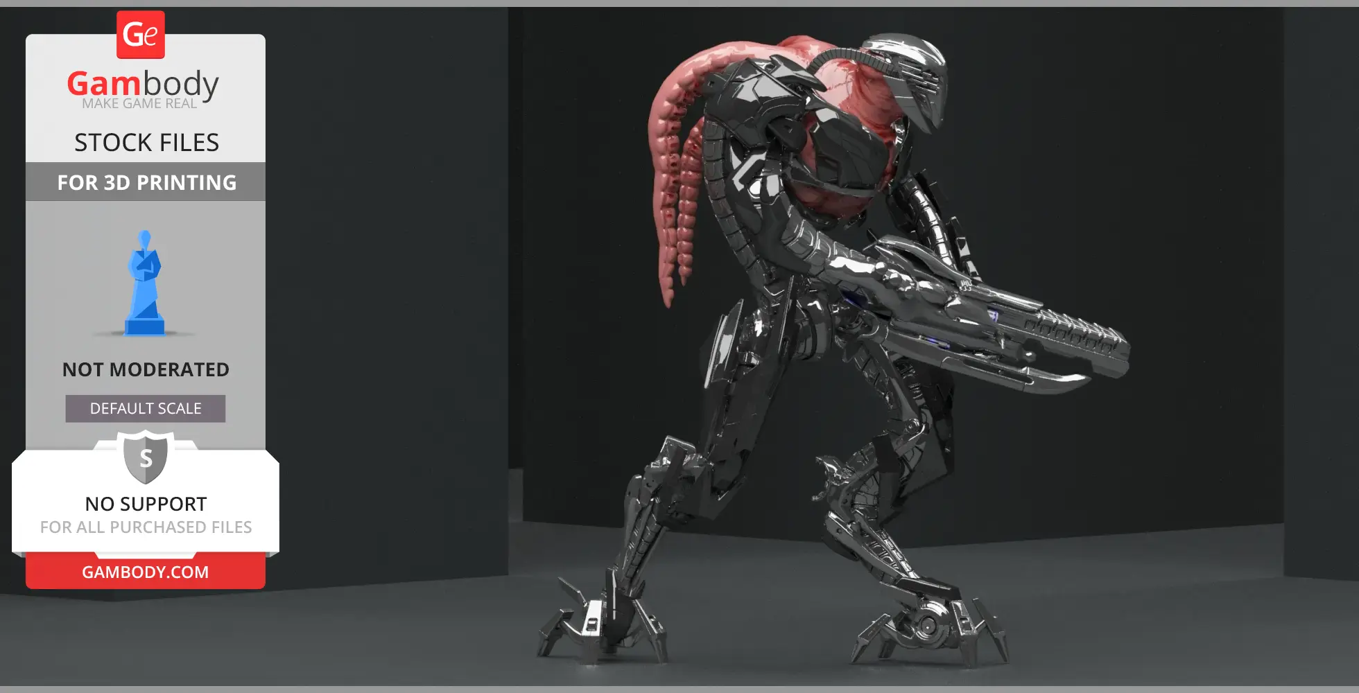 Futuristic alien robot with armor and a large weapon, prepared for 3D printing.