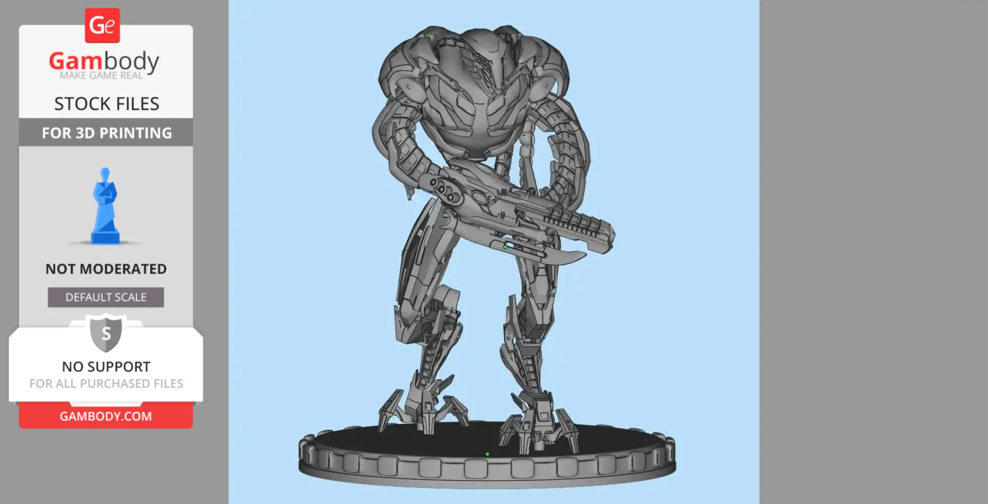 A detailed alien warrior 3D model, equipped with armor and a weapon, standing on a round base.
