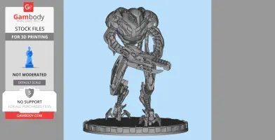 A detailed alien warrior 3D model, equipped with armor and a weapon, standing on a round base.