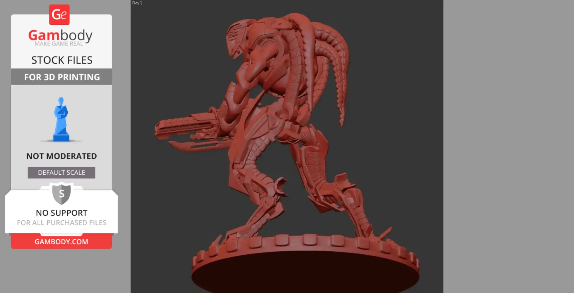 Alien soldier with armor and gun, standing on a round base, ready for 3D printing.