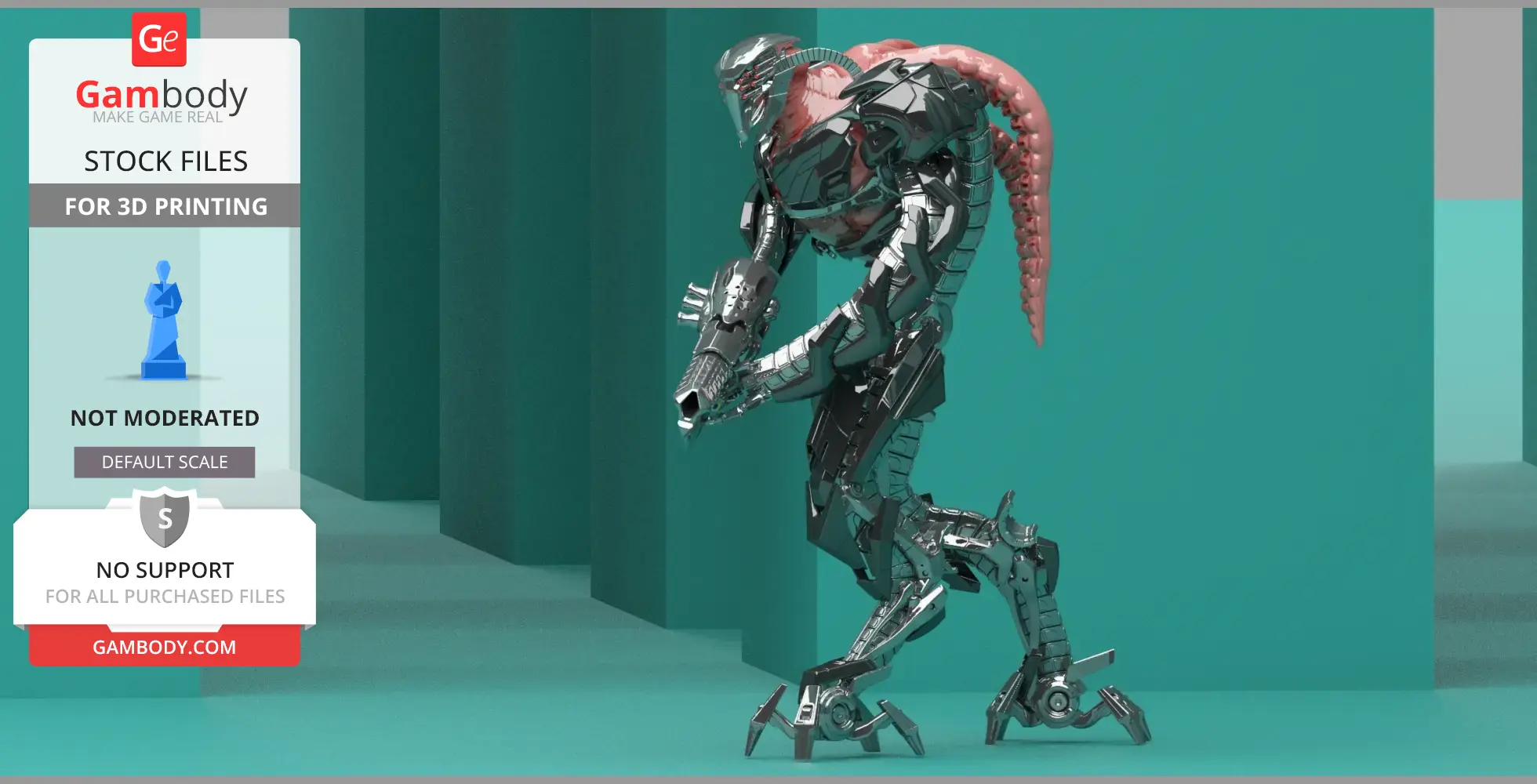 A futuristic armored alien creature posed in a walking stance, with a sleek, metallic body and a pink-hued spinal structure.
