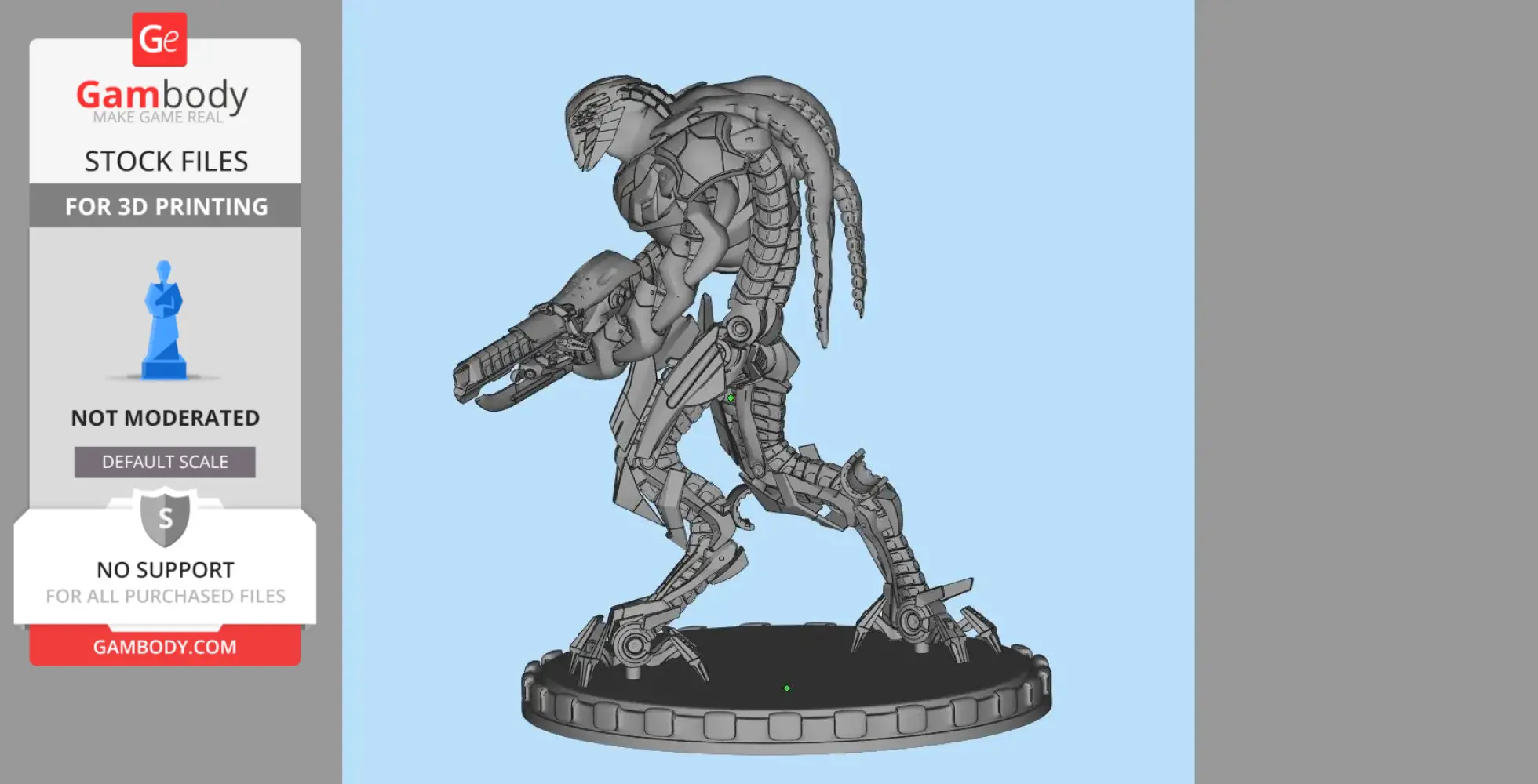 A detailed alien warrior figurine in a dynamic pose on a round base, designed for 3D printing.