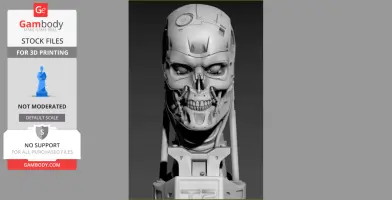 A detailed 3D model of a T-800 Terminator skull designed for 3D printing.