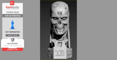 3D model of T-800 Terminator skull bust on a stand, ready for 3D printing.