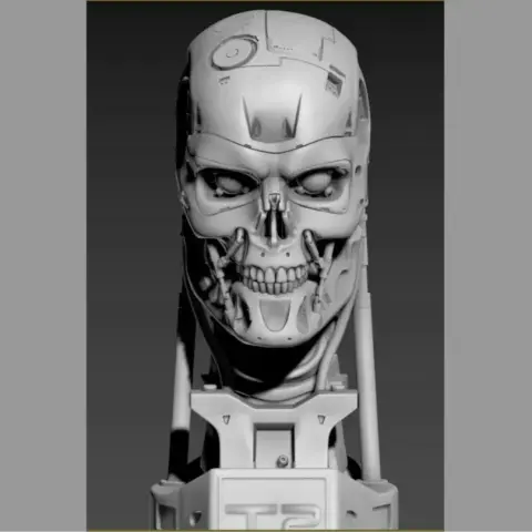 A detailed 3D model of a T-800 Terminator skull from 'Terminator 2,' showing intricate mechanical features.