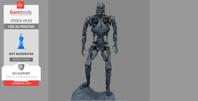 A detailed 3D model of a humanoid robot standing on a rock, intended for 3D printing.
