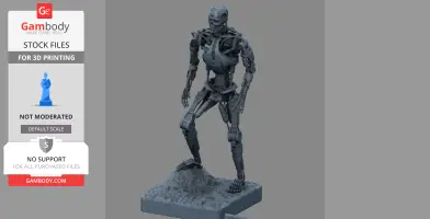 A detailed 3D model of a T-800 Terminator endoskeleton standing on a textured base.