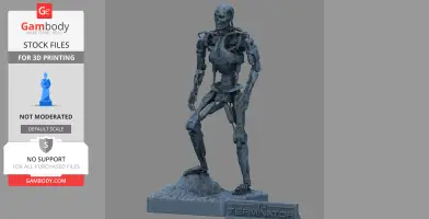 A detailed 3D model of a T-800 Terminator robot standing on a textured base.