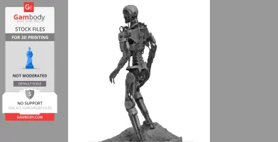 Metallic humanoid robot figurine on a rocky base, designed for 3D printing.