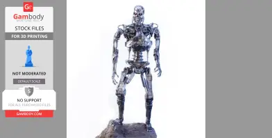 A realistic T-800 Terminator model standing on a rocky base, detailed for 3D printing.