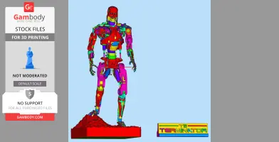 A colorful, detailed 3D model of a T-800 Terminator standing on a base, designed for 3D printing.