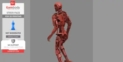 Highly detailed red T-800 endoskeleton model, viewed from the back, designed for 3D printing.