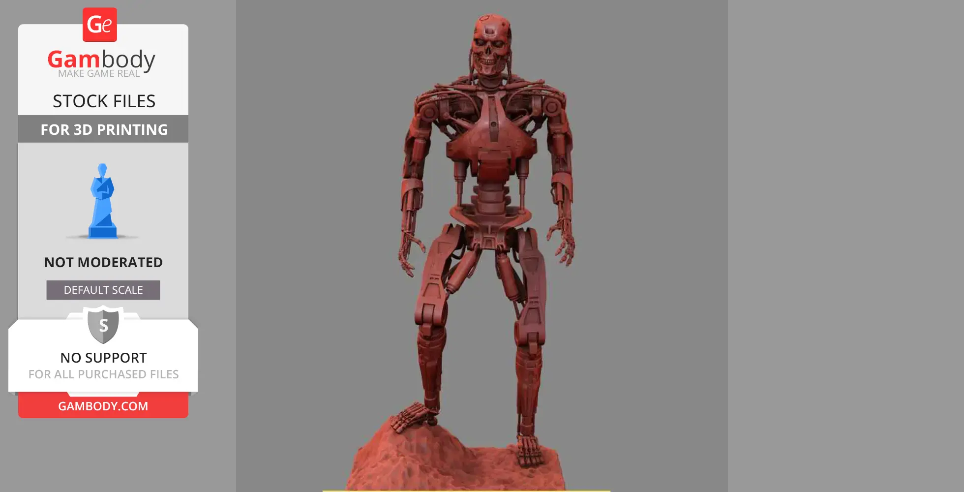 Highly detailed T-800 Terminator 3D model standing on a rocky base, suitable for printing.