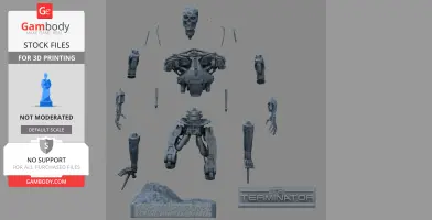 Detailed disassembled T-800 Terminator model parts for 3D printing, displayed on a gray background.