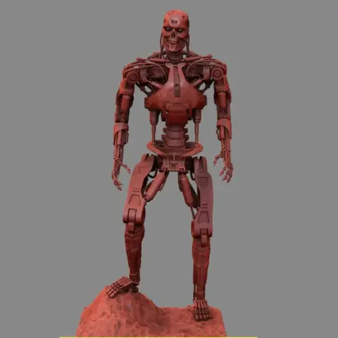Highly detailed T-800 Terminator 3D model, standing on a base, ready for printing.