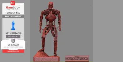 A highly detailed T-800 Terminator 3D model standing on a base, designed for 3D printing.