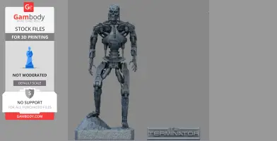 Highly detailed 3D model of a T-800 Terminator standing on a textured base.