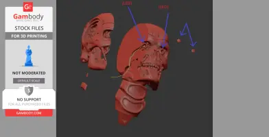 Red 3D model of a robotic skull with annotations for LED placement.